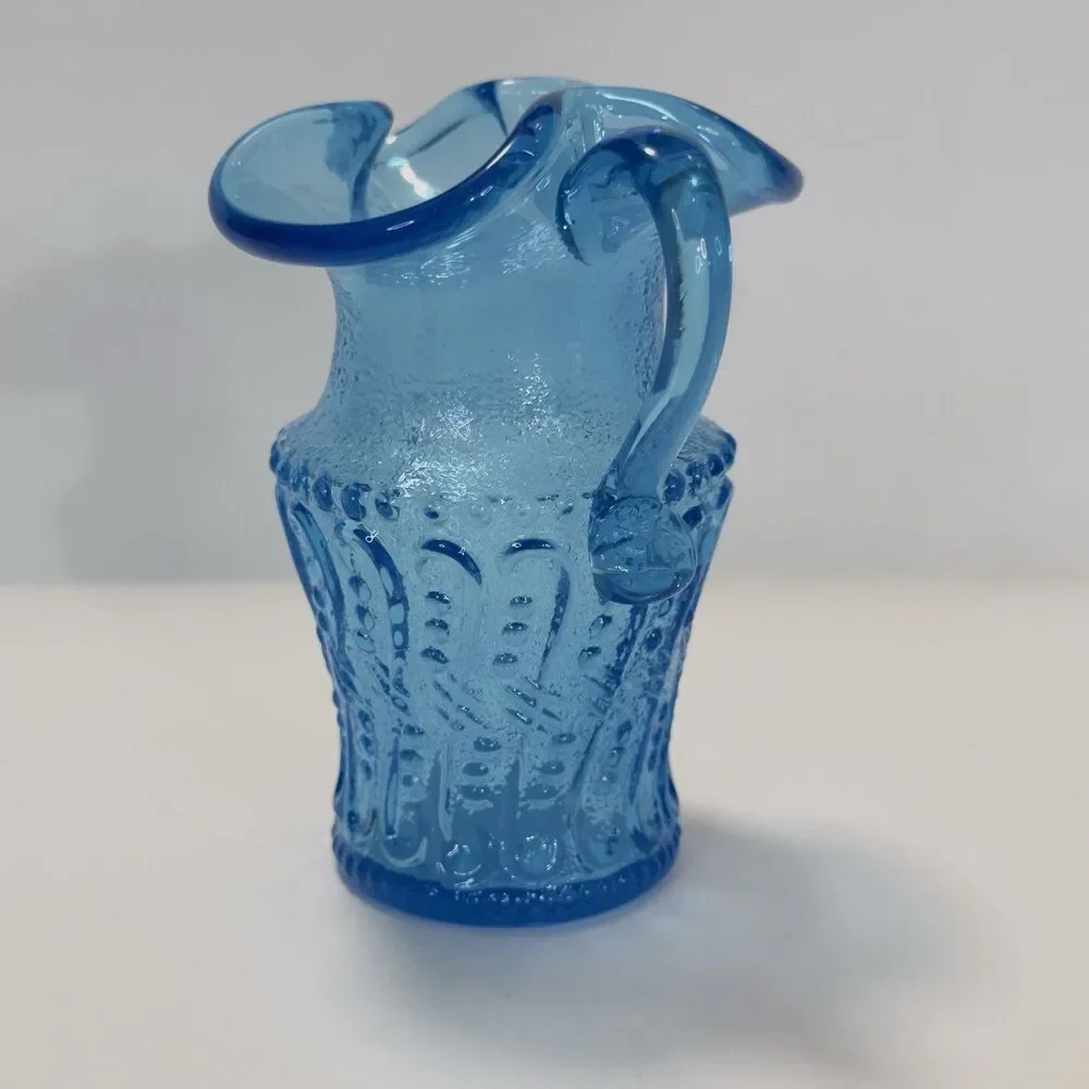 Pitcher Jug Kanawha Ice Colonial Blue Glass Mini UV Raised Loop Swirl Dots Wavy